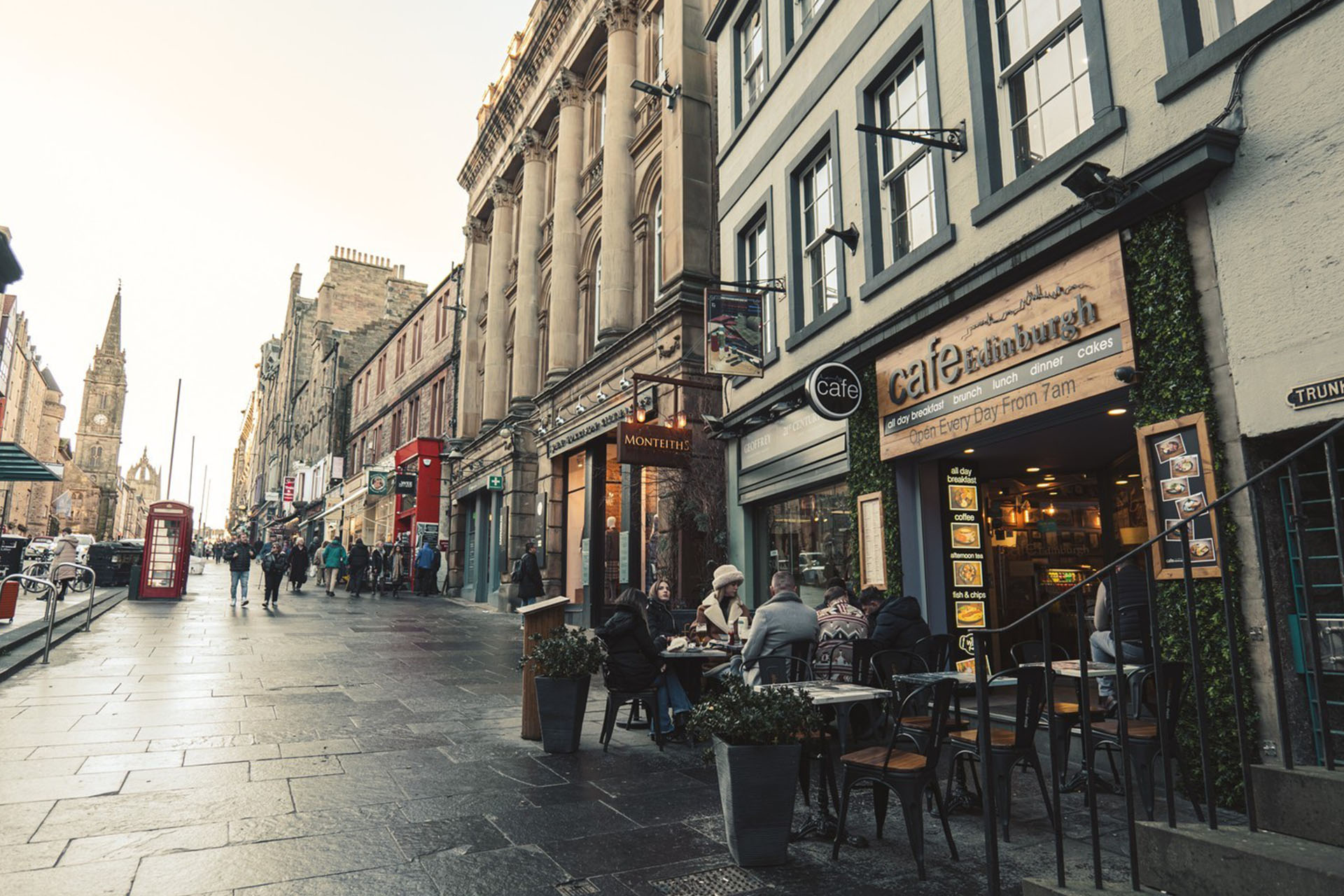 Cafe Edinburgh storefront on the historic High Street along the Royal Mile
